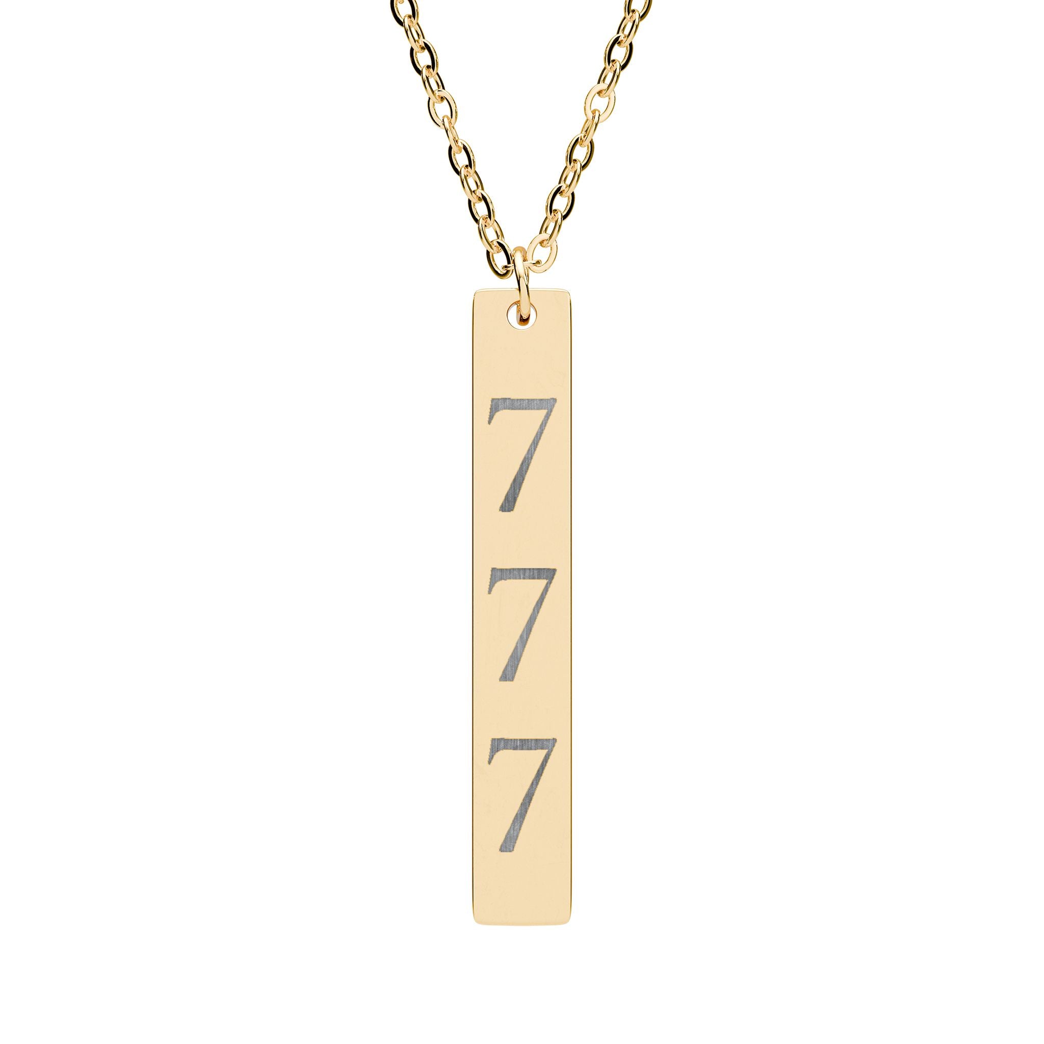 Engraved Vertical Bar Necklace — Triple 7 Lucky Number Pendant