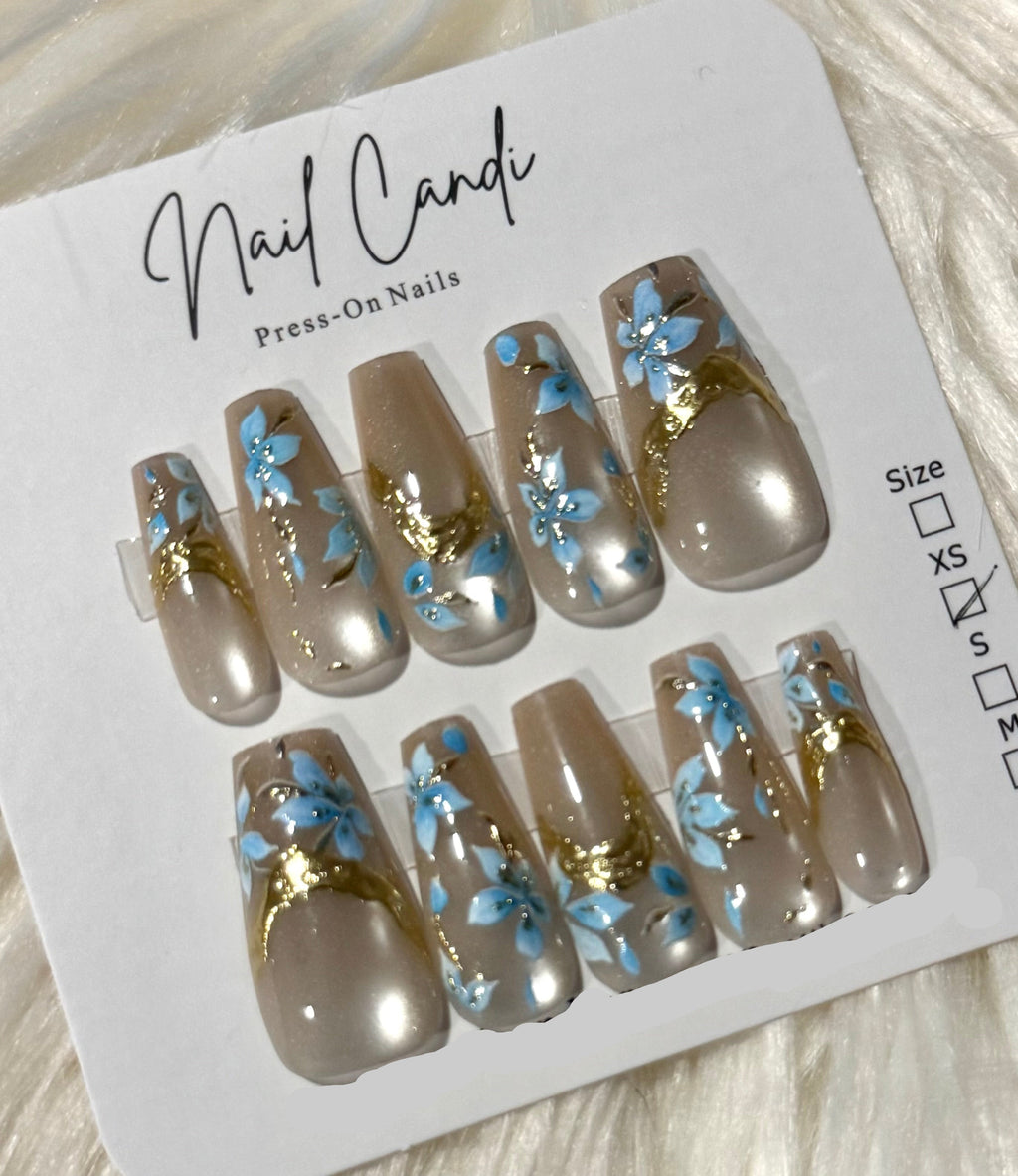 Semi-Handmade Long Champagne & Blue Flower Nails