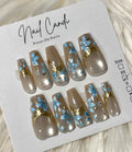 Semi-Handmade Long Champagne & Blue Flower Nails