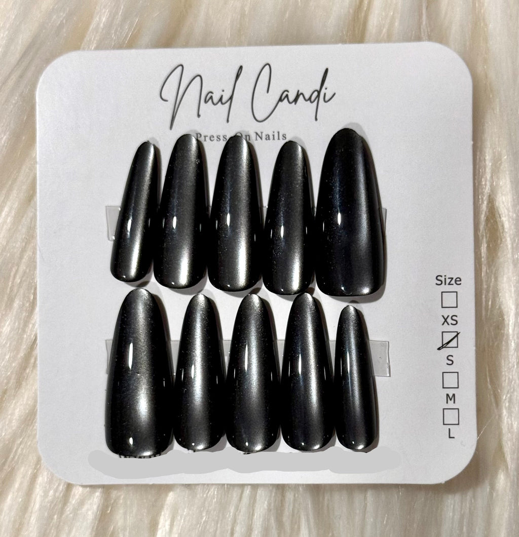 Semi-Handmade Long Smoke Gray Cateye Nails