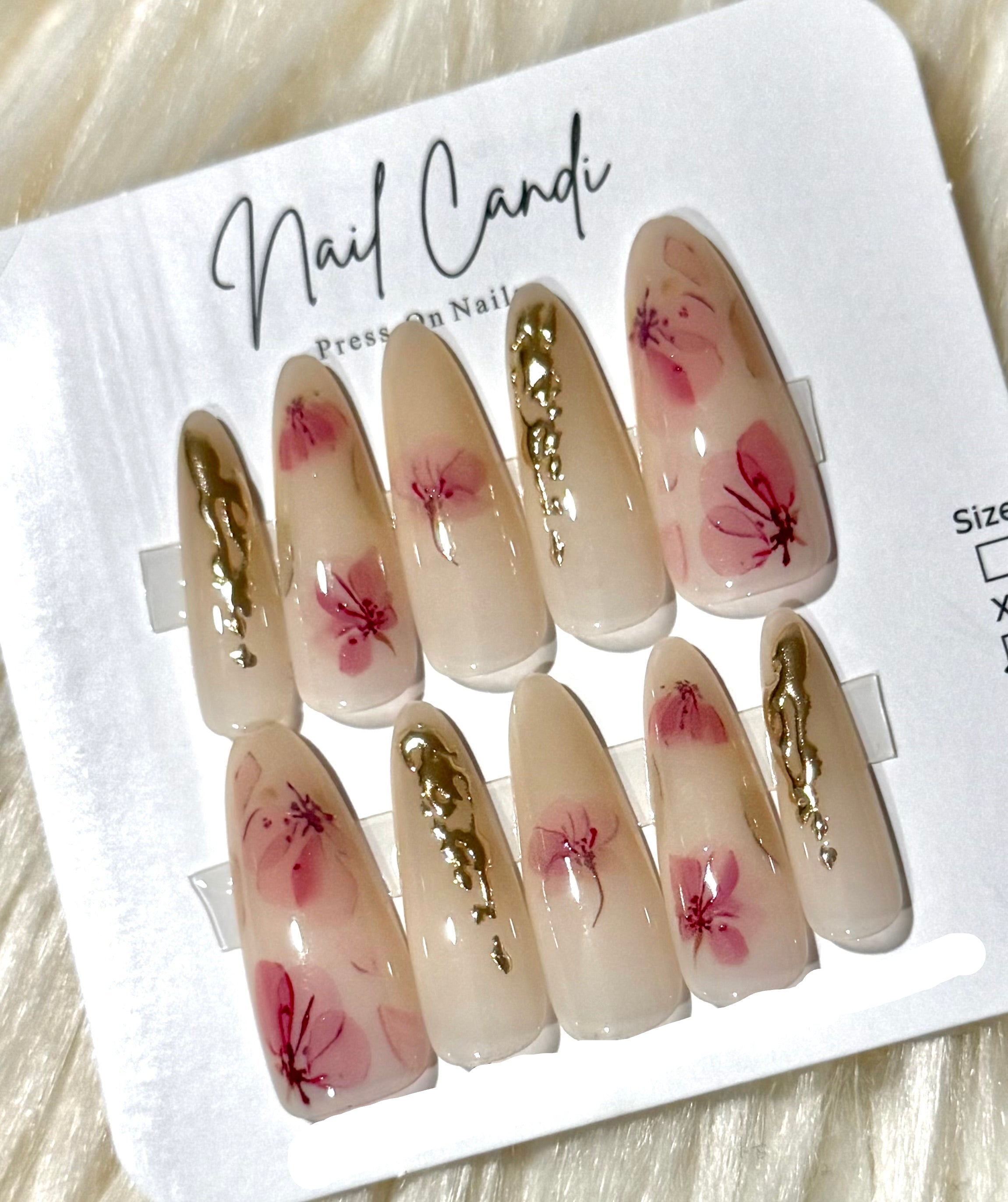 Semi-Handmade Long Pink Nude Gold Chrome Nails