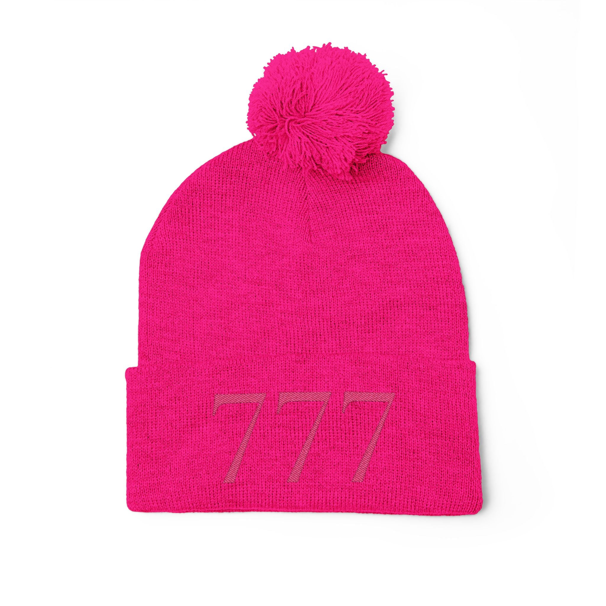 '777' Pom-Pom Knit Cap — Hot Pink