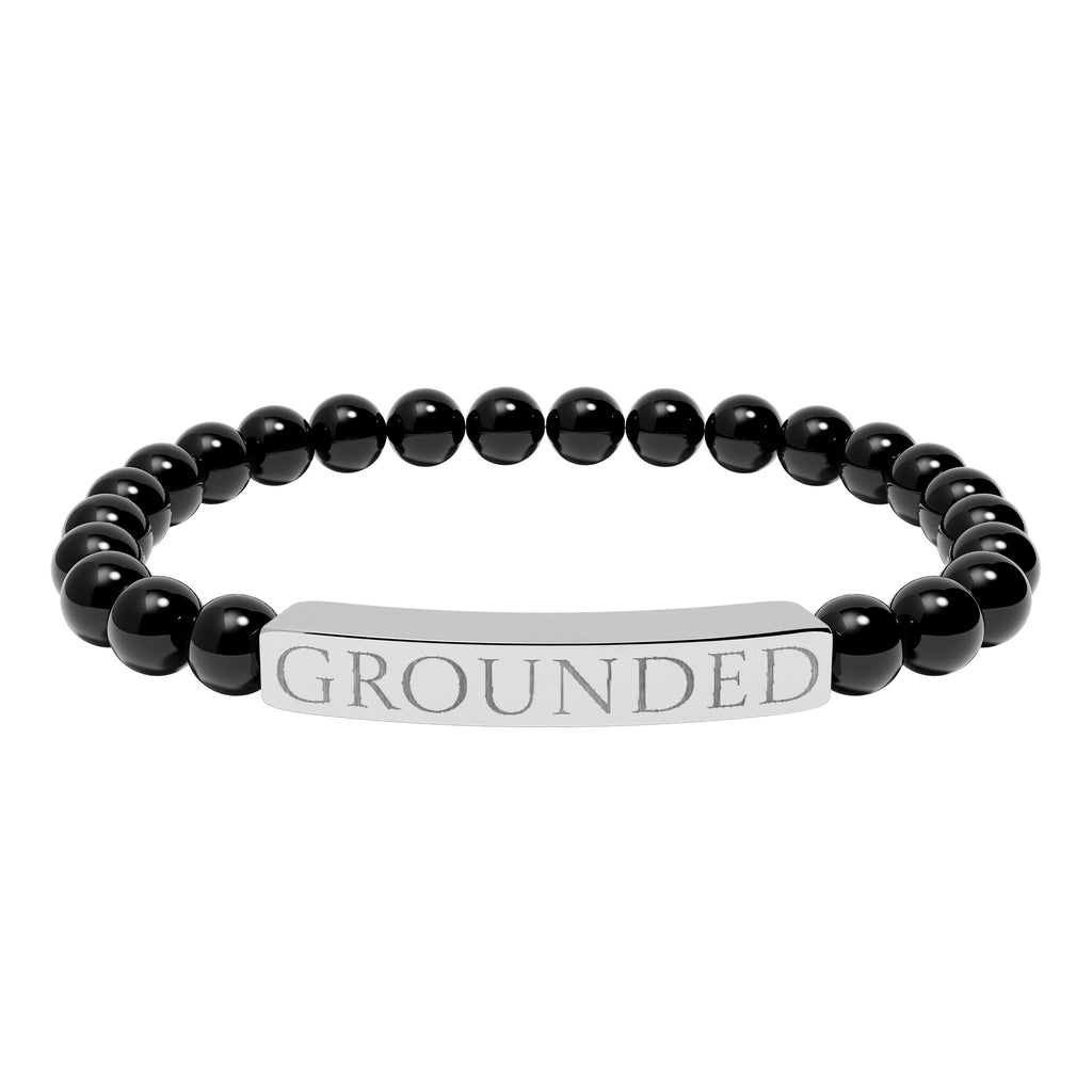 Grounded Natural Stone Stretch Bracelet — Engraved Bar