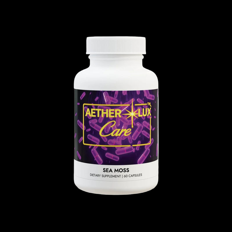 Supplement bottle labeled 'Aether Lux Care' on a white background