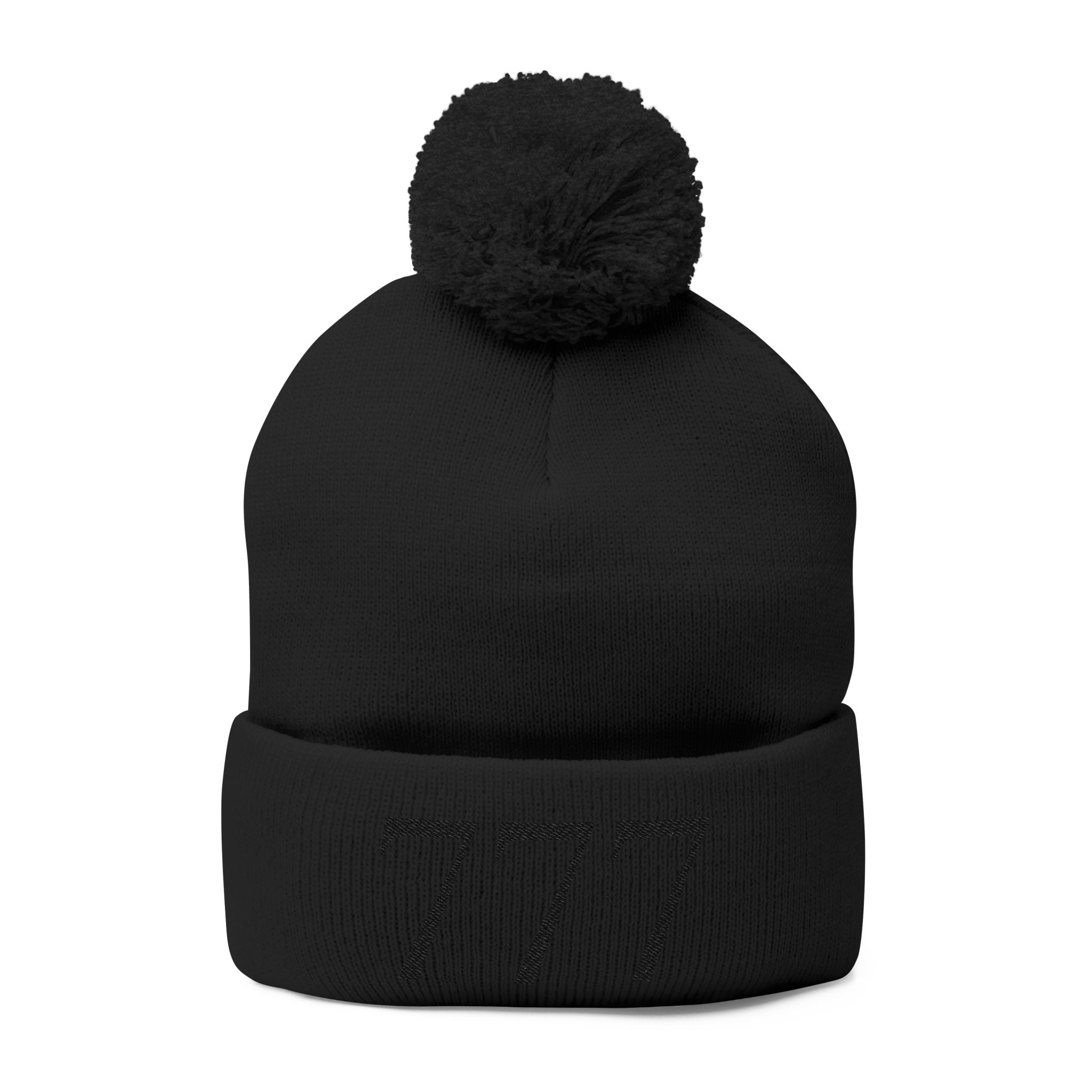 '777' Pom-Pom Knit Cap — Black Winter Beanie