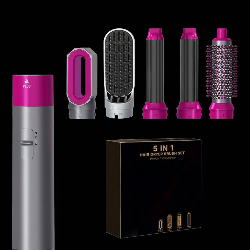 5-in-1 hair dryer brush set with various attachments and packaging on a white background