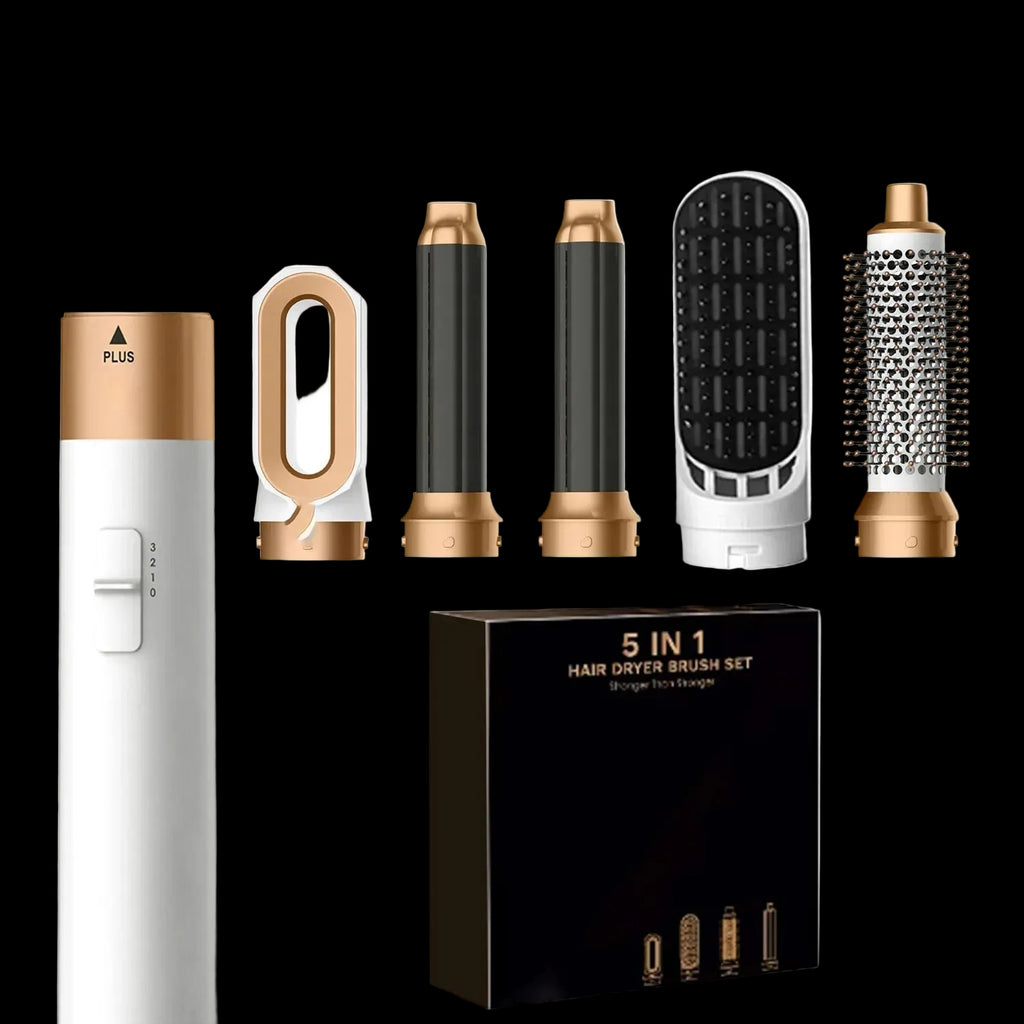 5-in-1 hair dryer brush set with various attachments and packaging on a white background