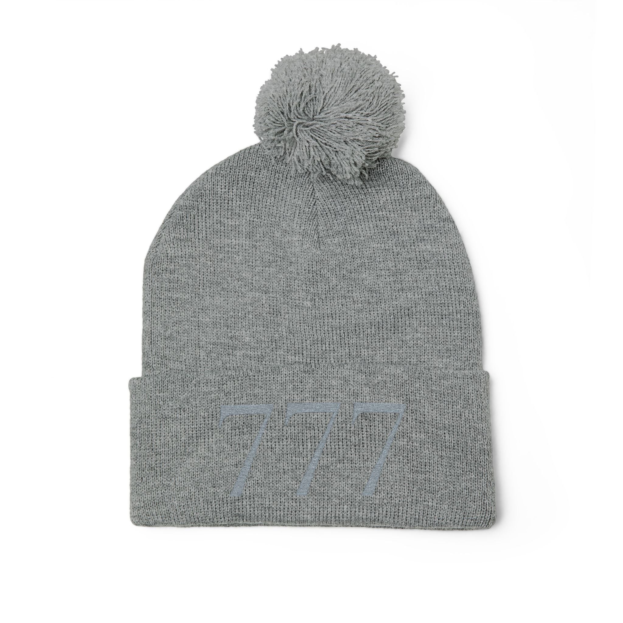 '777' Pom-Pom Knit Cap — Grey Winter Beanie