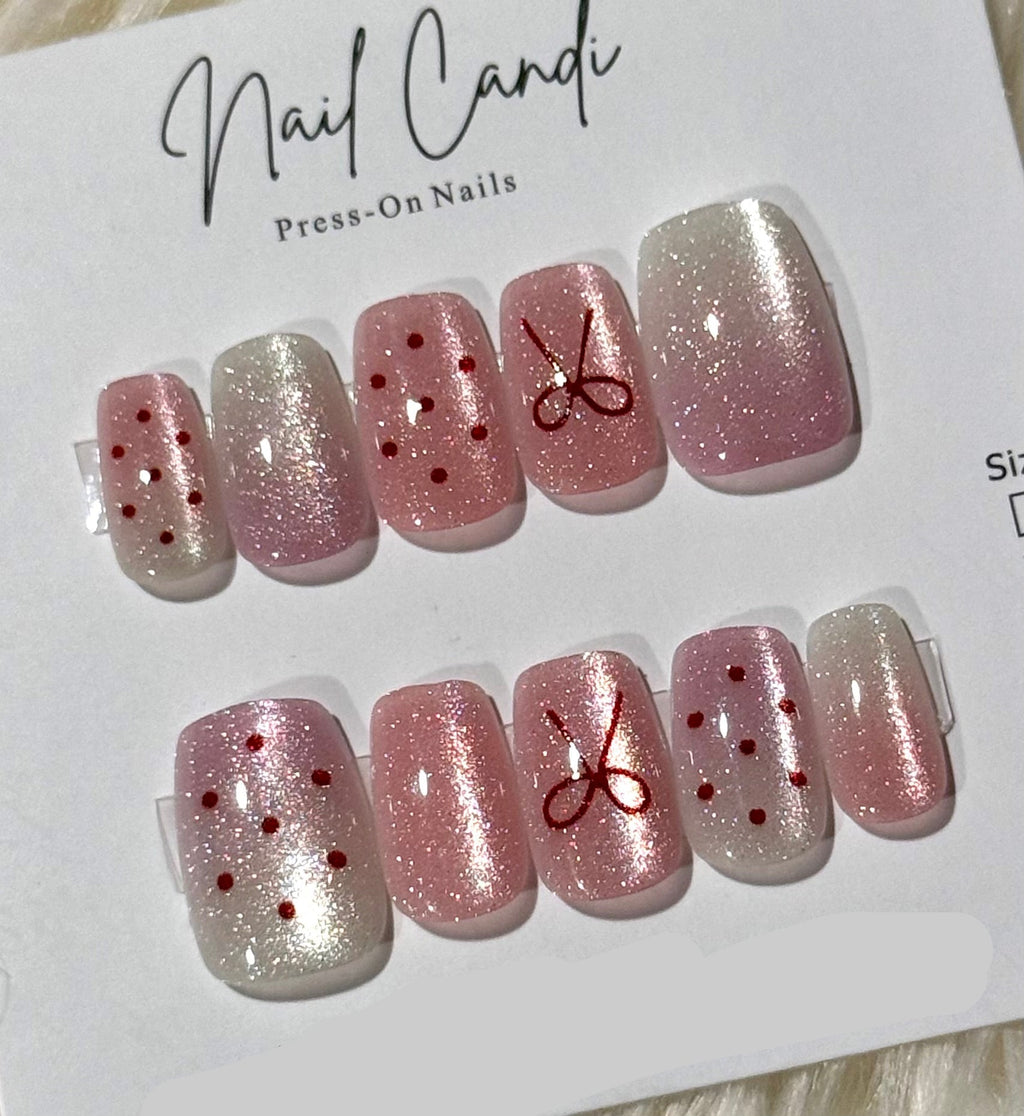 Semi-Handmade Short Pink Bow Polka Dot Nails