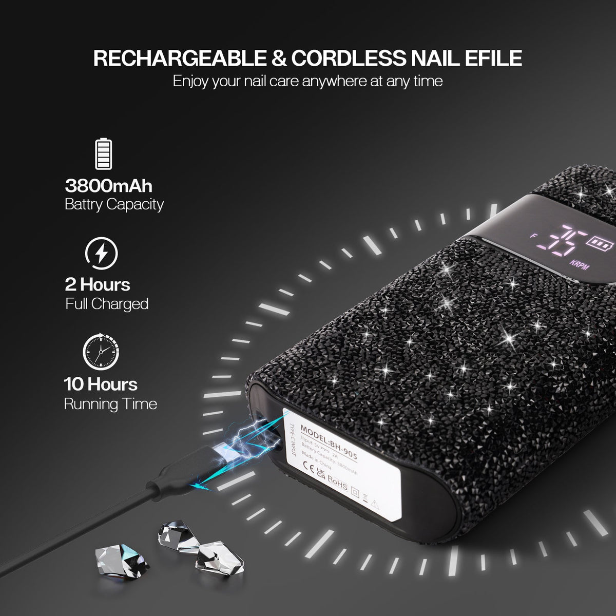 Wand™ Nail Drill - Black Diamond - 35,000 RPM Rechargeable