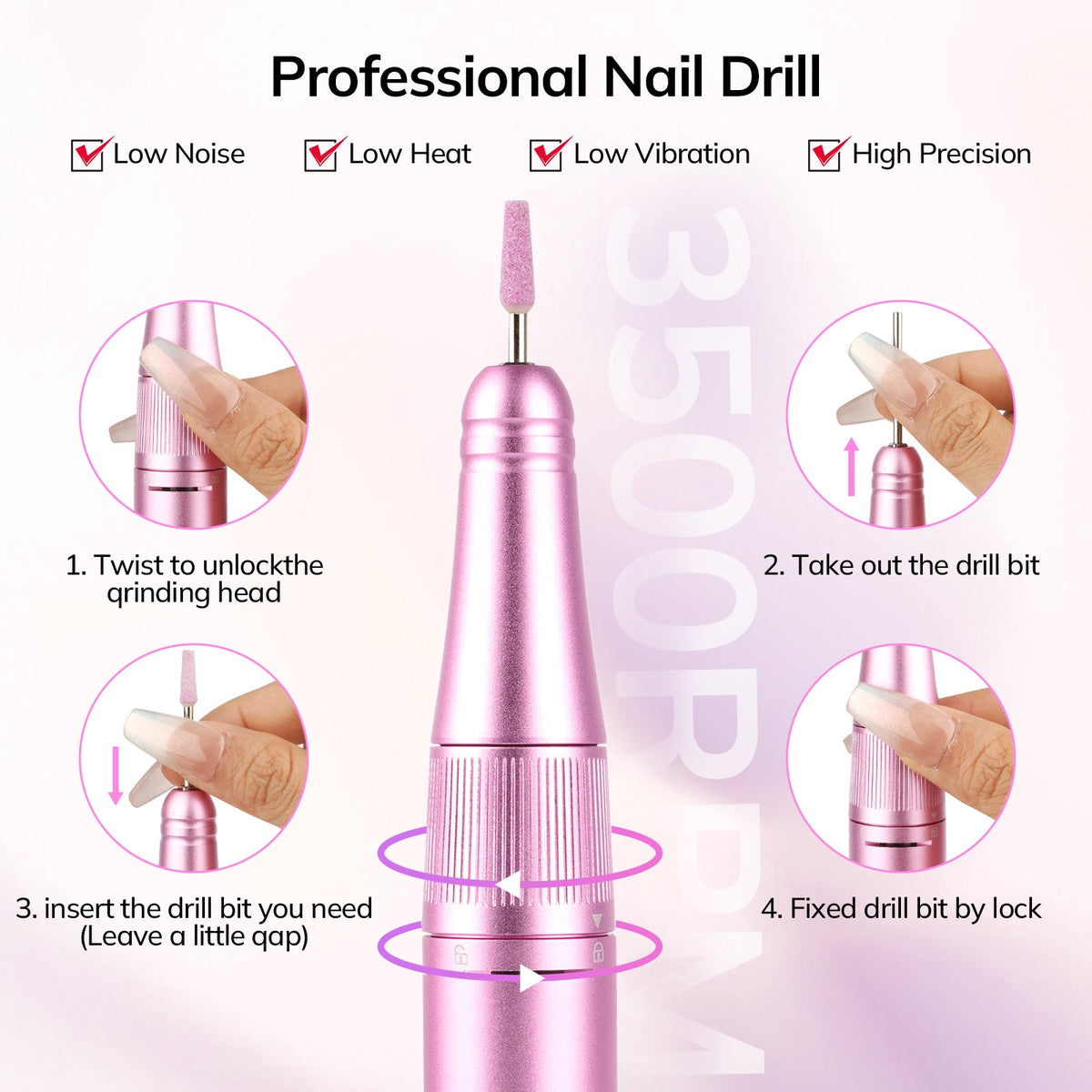 Wand™ Ease Nail Drill - Metallic Pink - 35,000 RPM Rechargeable