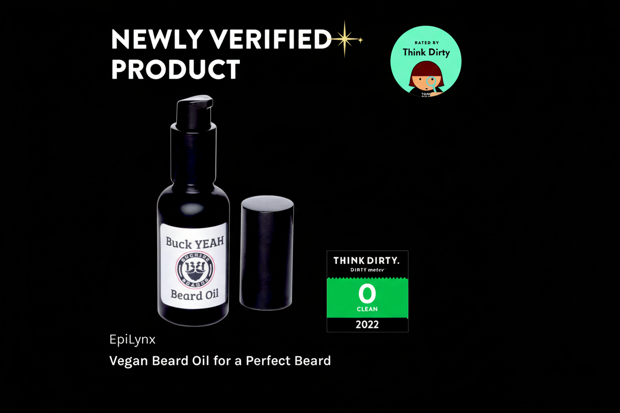 Bottle of Buck YEAH Vegan Beard Oil with Think Dirty certification on a white background