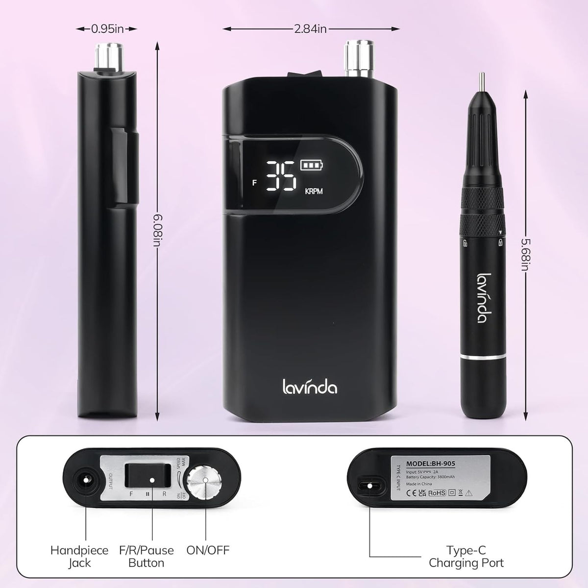 Wand™ Nail Drill - Black - 35,000 RPM Rechargeable by Lavinda