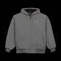 Gray jacket with a hood and '777' logo on a white background