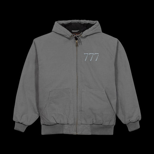 Gray jacket with a hood and '777' logo on a white background