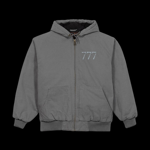 Gray jacket with a hood and '777' logo on a white background