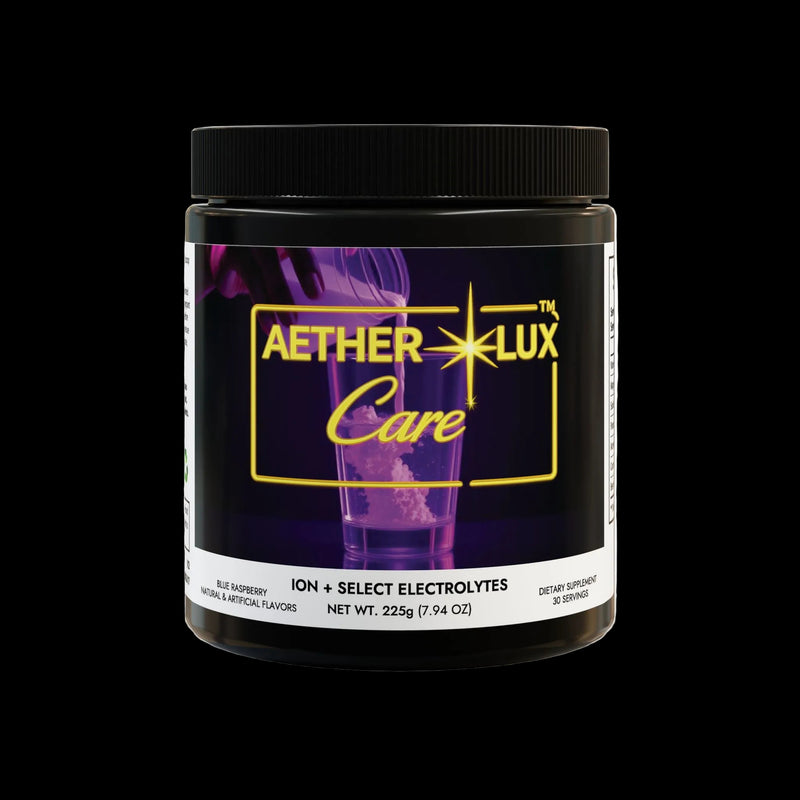 Aether Lux Care supplement container on a white background