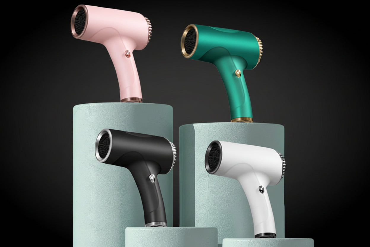 Four hair dryers in pink, green, black, and white on cylindrical stands against a teal background.