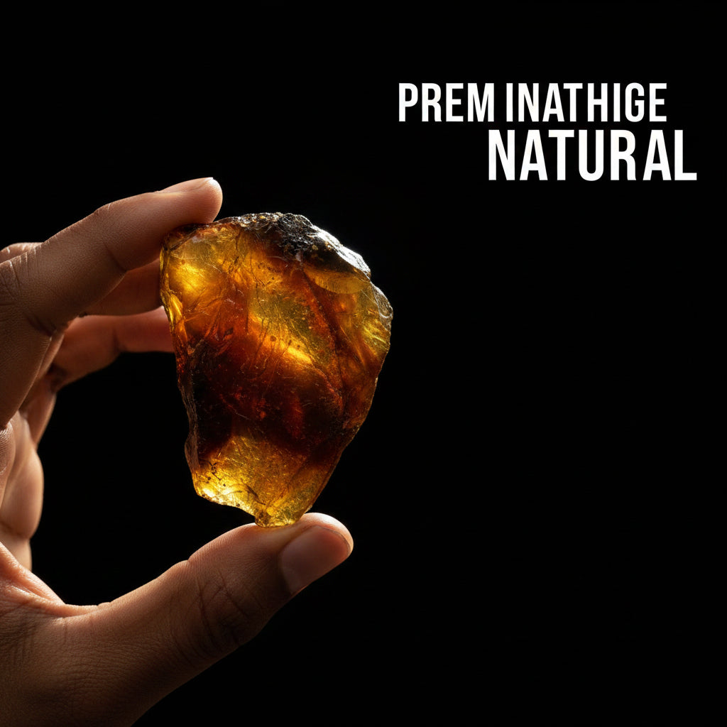 Hand holding a rough amber stone against a white background