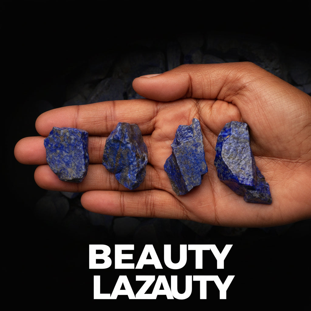 Hand holding four blue stones with a background of more blue stones