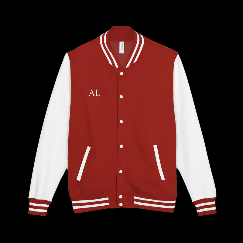 Red and white varsity jacket with 'AL' initials on a white background