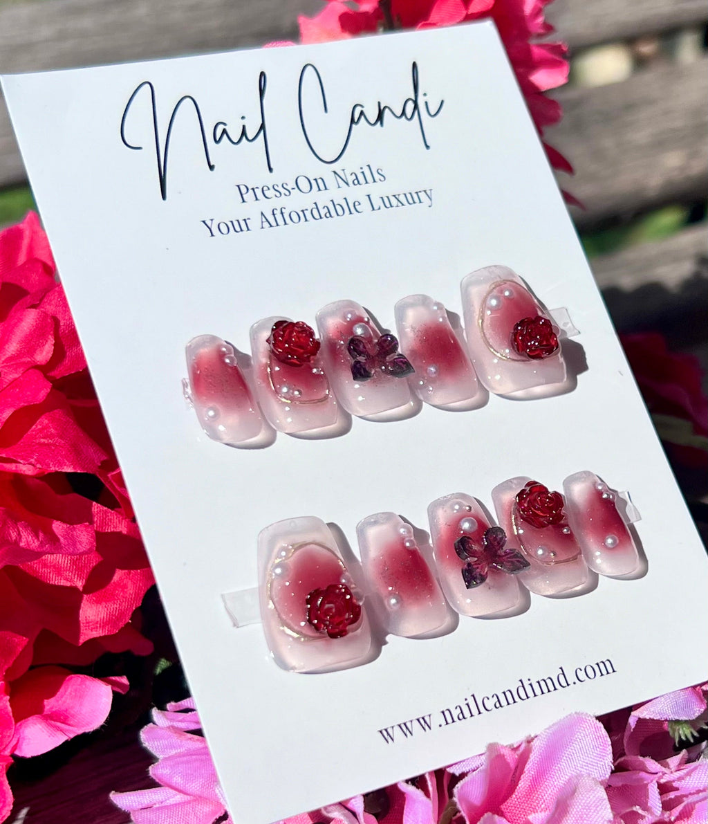 Handmade Medium Coffin Red Rose Nails