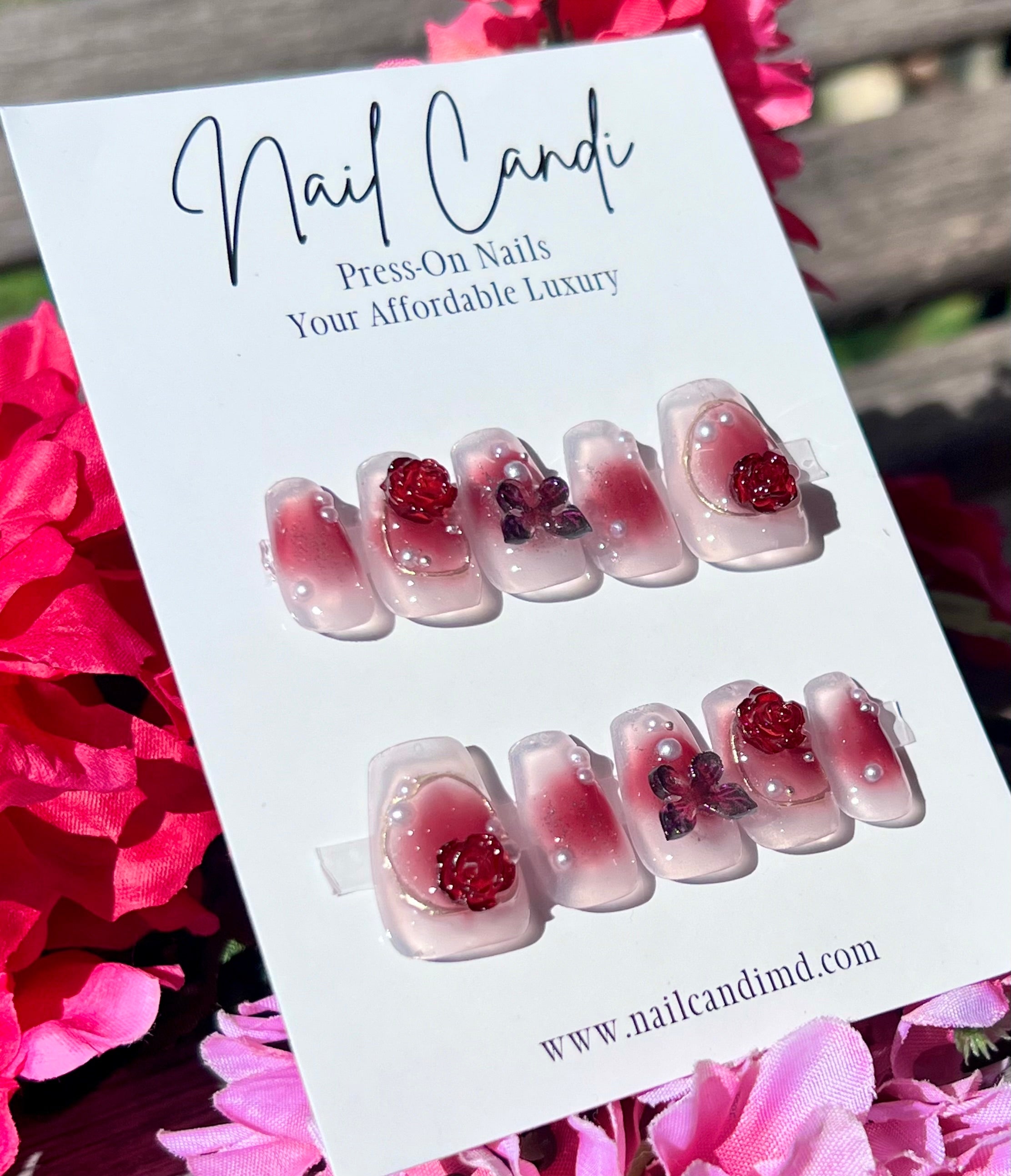 Handmade Medium Coffin Red Rose Nails
