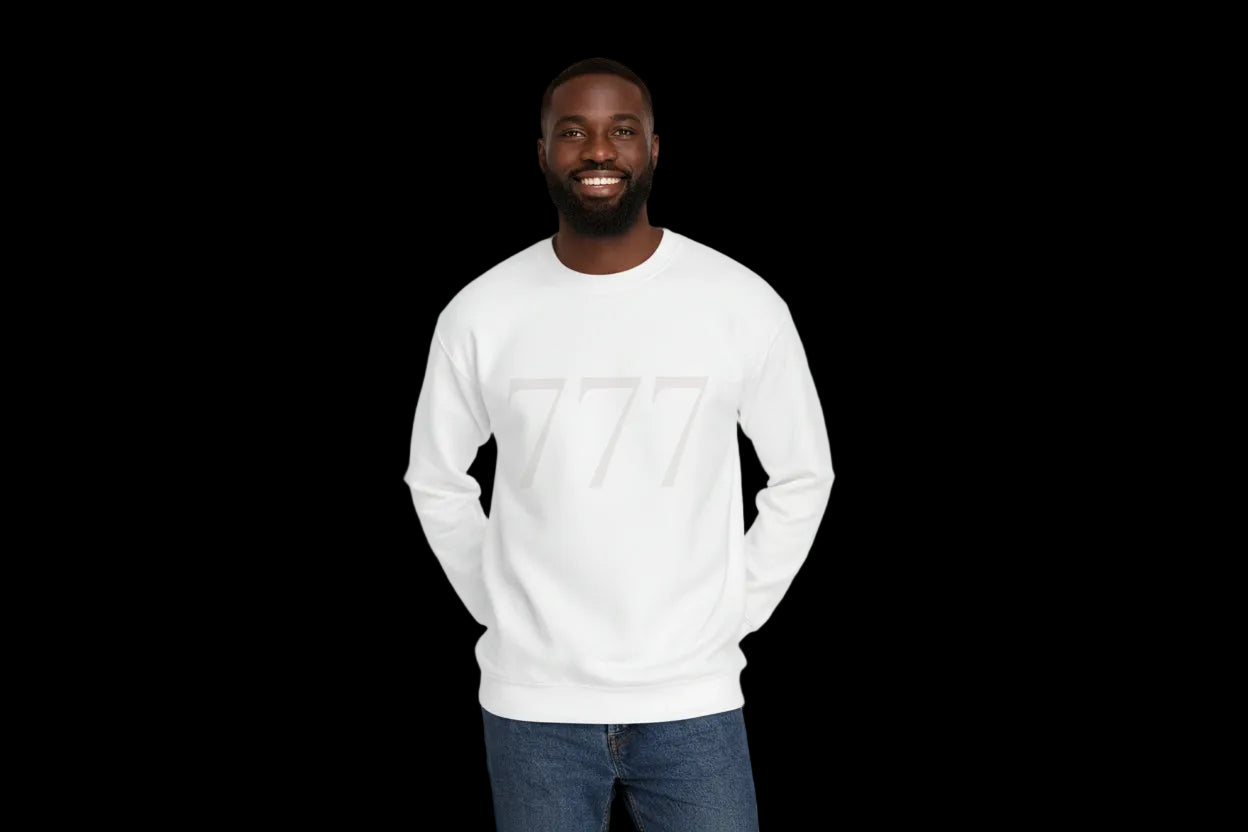 Man wearing a white sweatshirt with a logo on a black background
