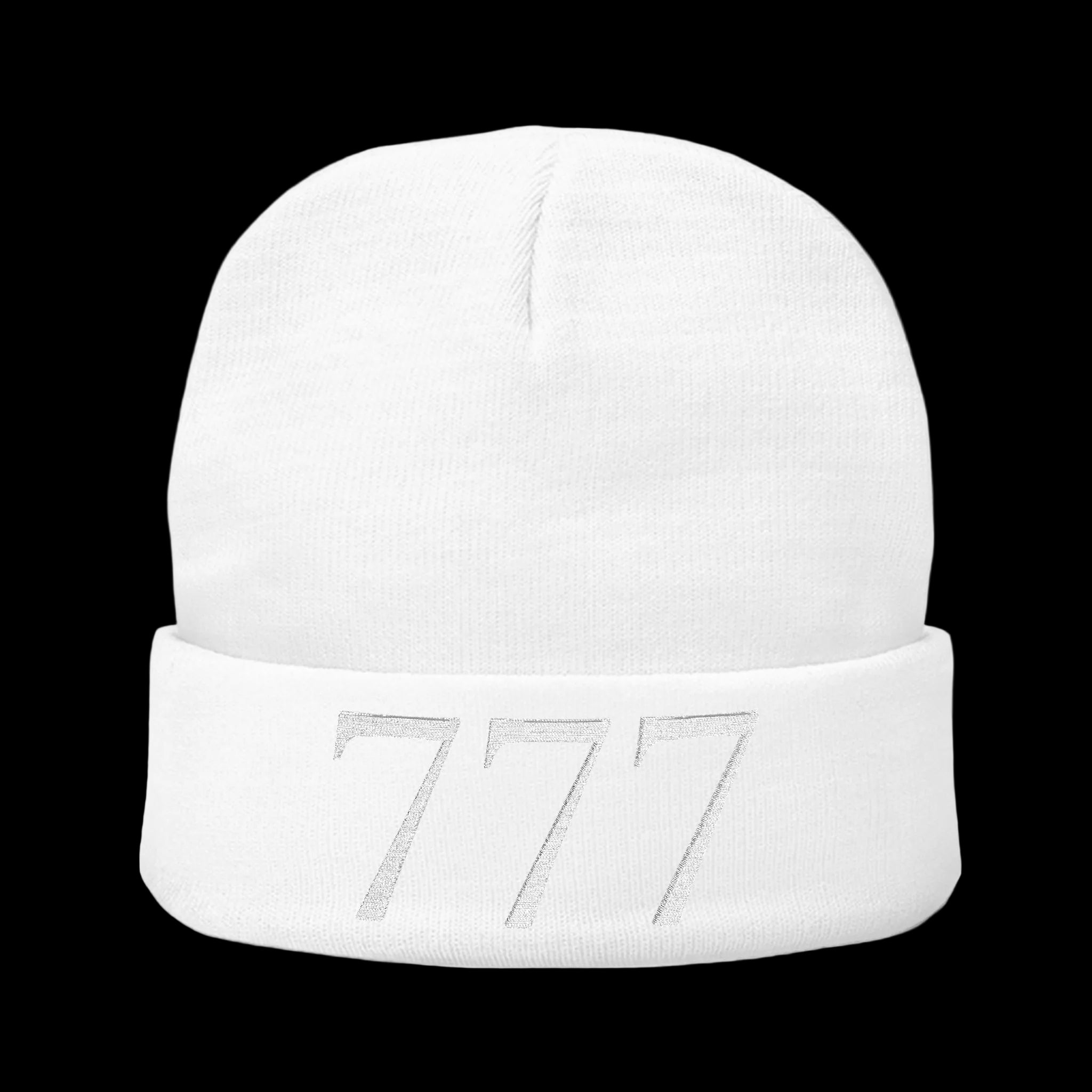 White beanie with '777' logo on a white background