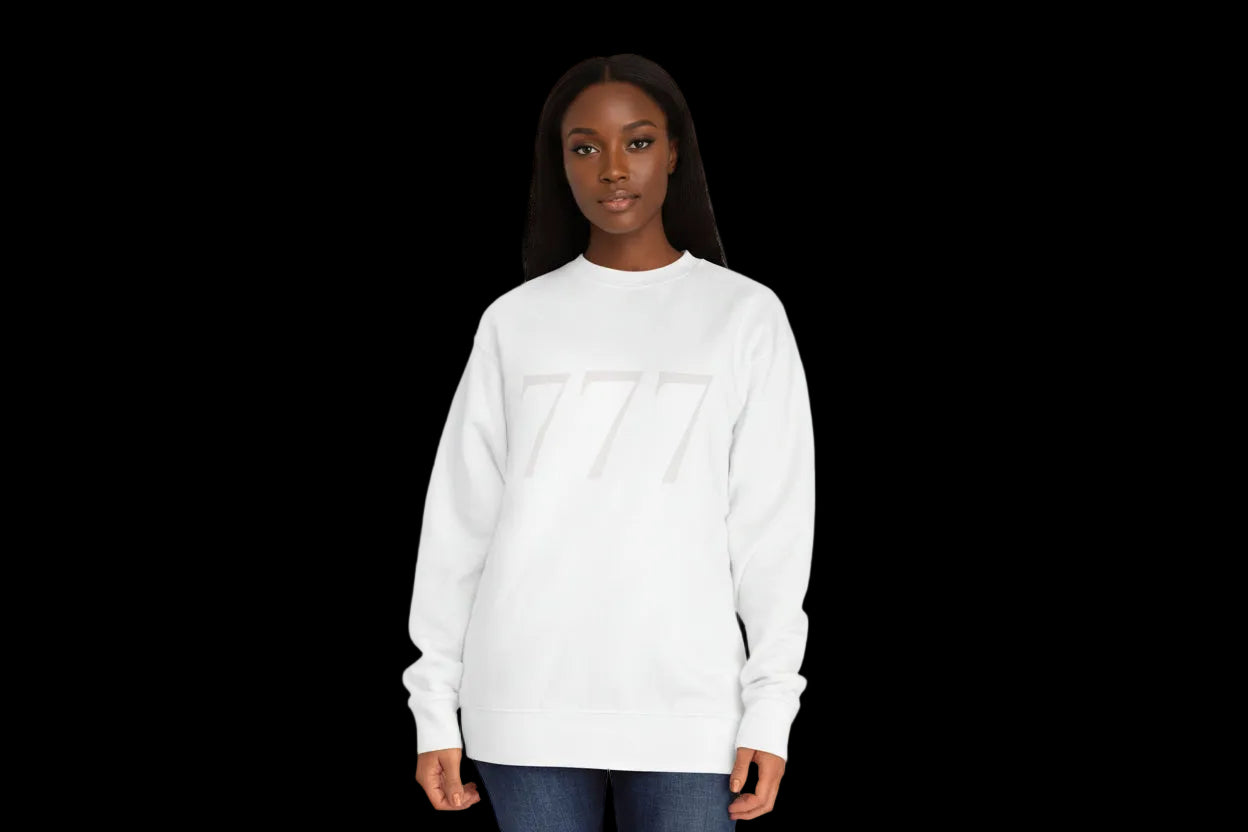 Person wearing a white sweatshirt with a logo on a black background