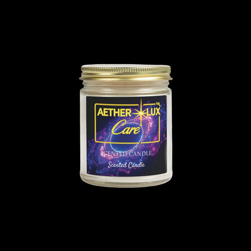 Aether Lux scented candle with a gold lid on a white background