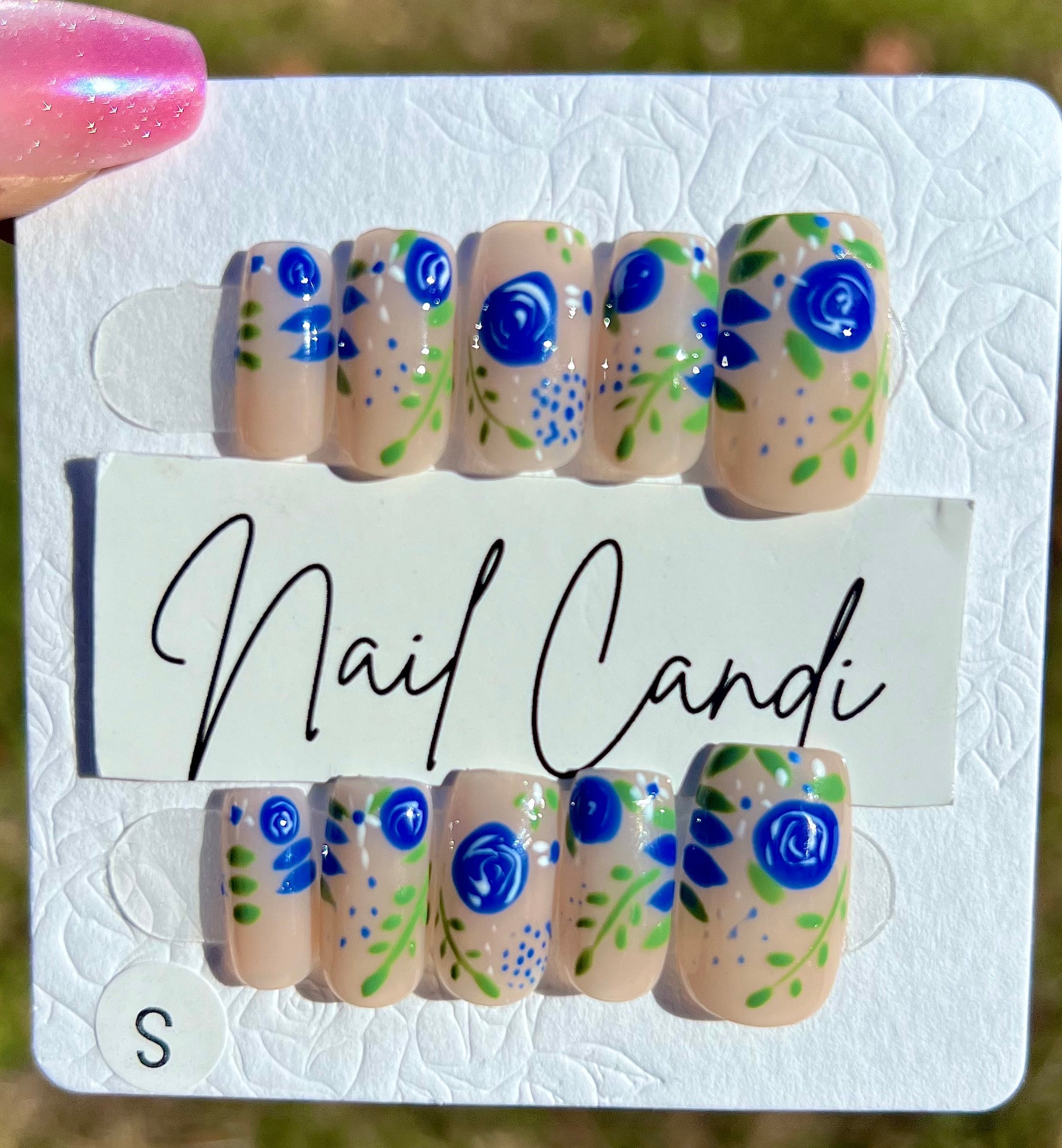 Handmade Blue & Green Floral Nails