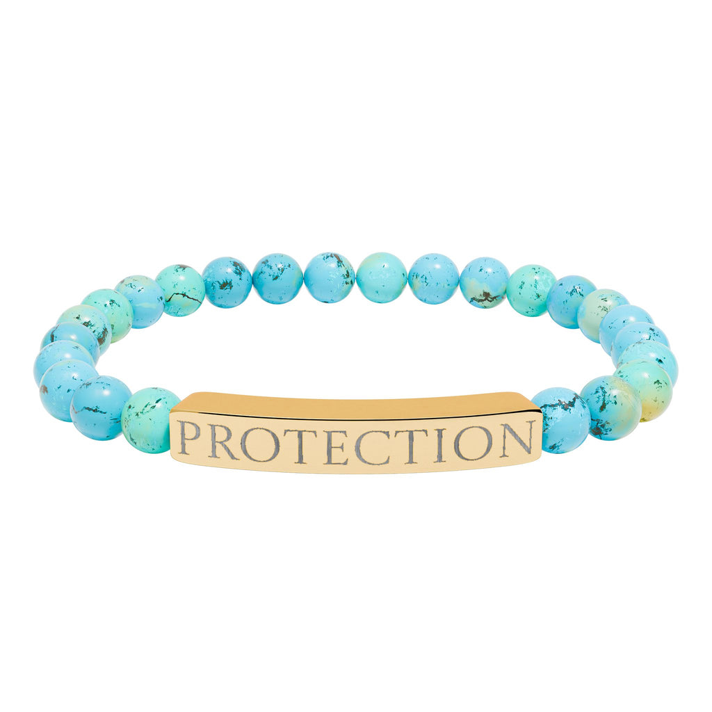 Protection Natural Stone Stretch Bracelet — Engraved Bar Turquoise Beads
