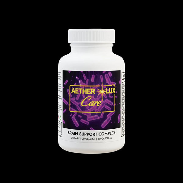 Supplement bottle labeled 'Aether Lux Care' on a white background