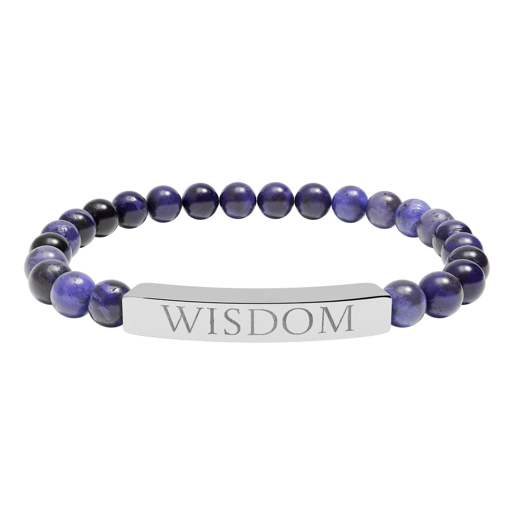 Engraved "WISDOM" Natural Stone Bead Bracelet — Stretch Bar Bracelet