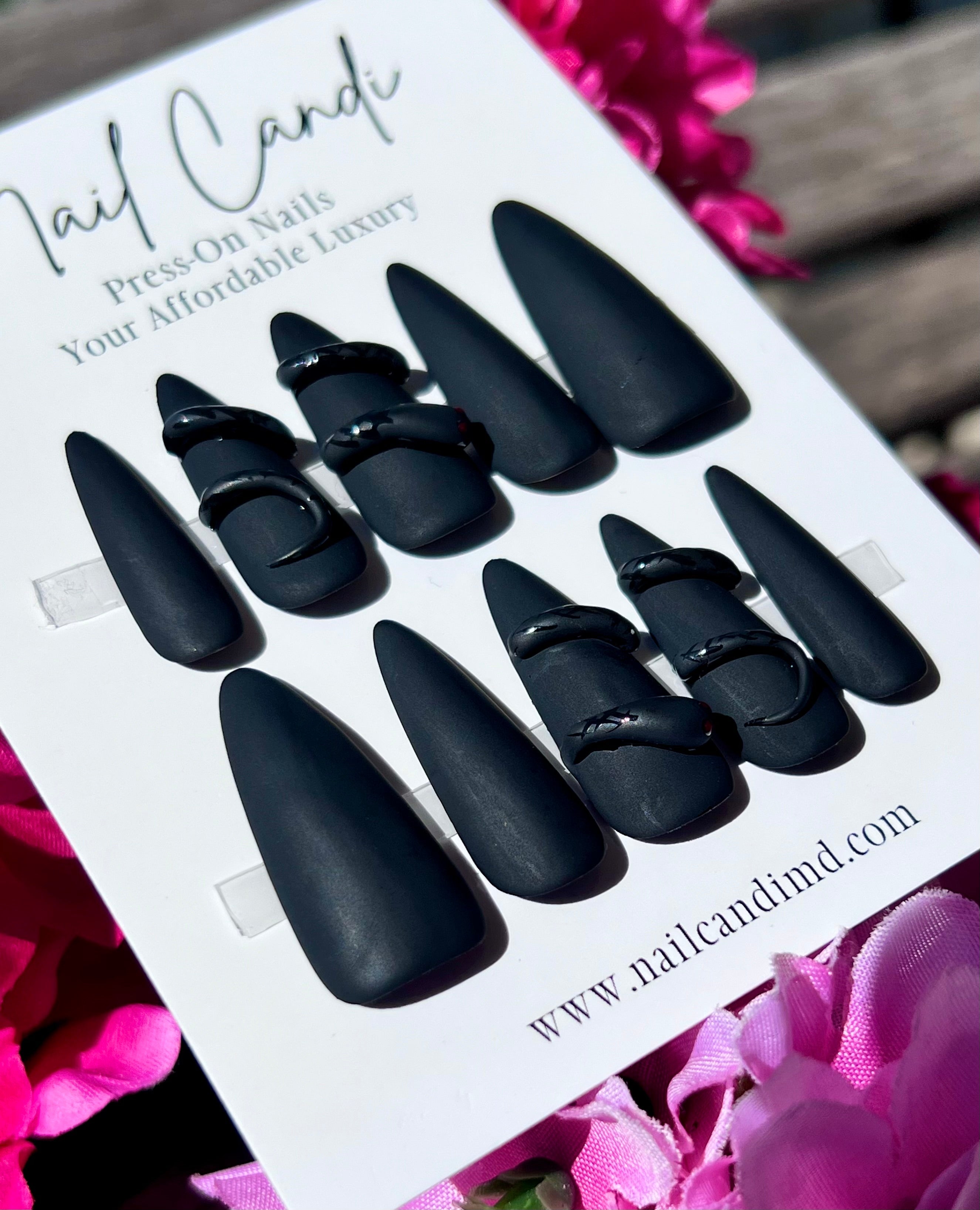 Handmade Long Stiletto Matte Black Snake Nails