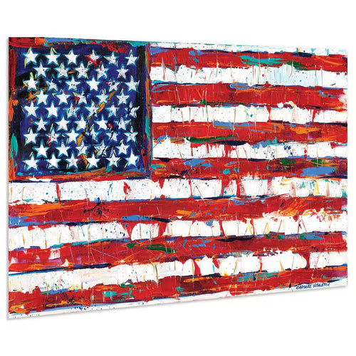 "Dramatic Stars & Stripes - American Flag" by EAD Art Coop Frameless Free-Floating Tempered Art Glass Wall Art by Hendrix Arts