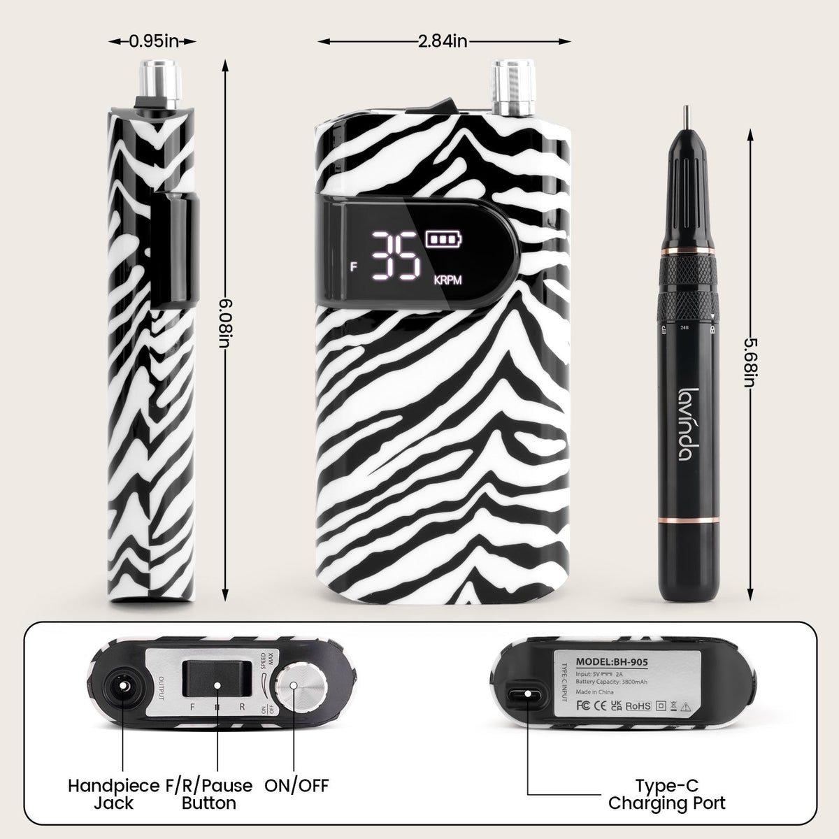 Wand™ Nail Drill - Zebra Print - 35,000 RPM Rechargeable by Lavinda