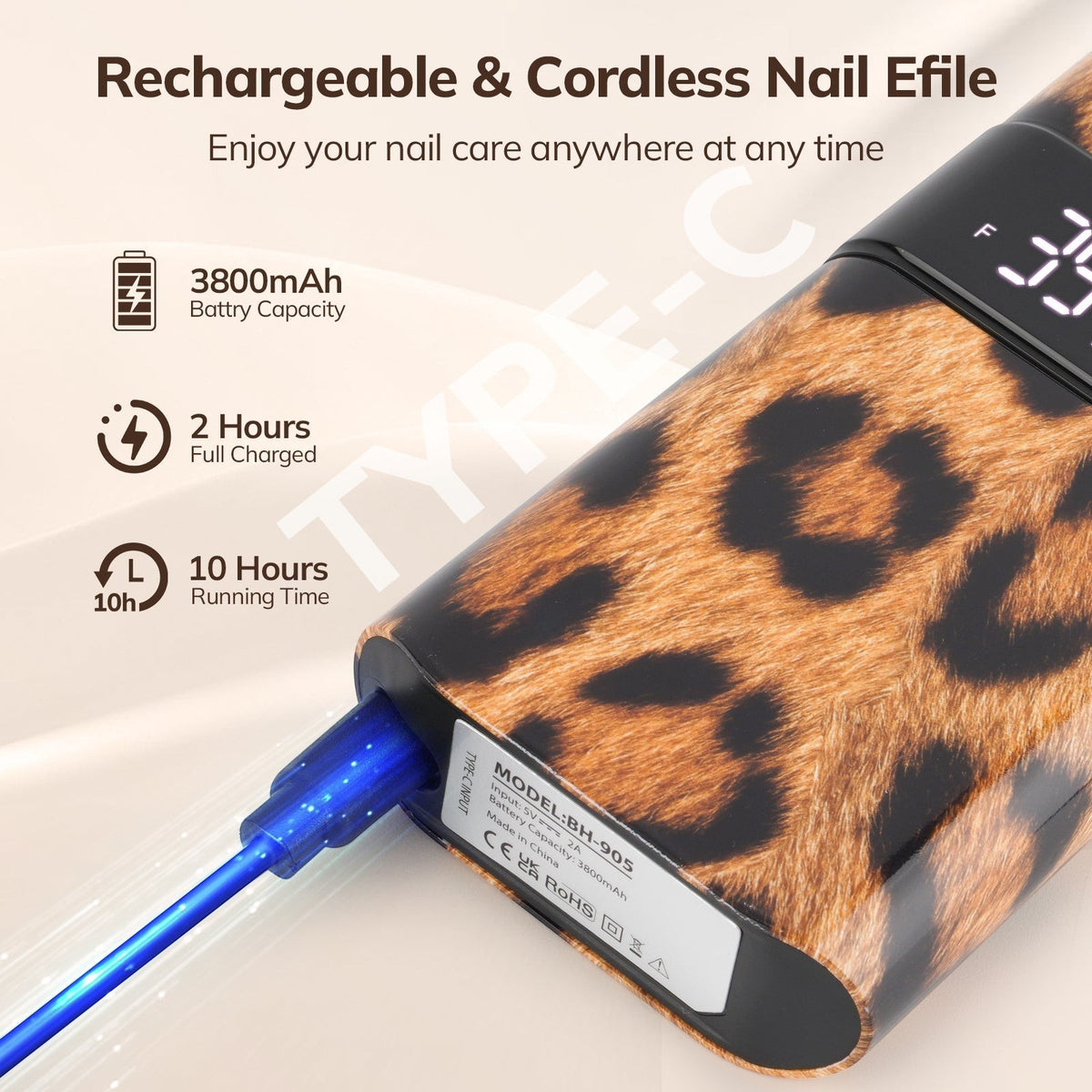 Wand™ Nail Drill - Leopard Print - 35,000 RPM Rechargeable by Lavinda
