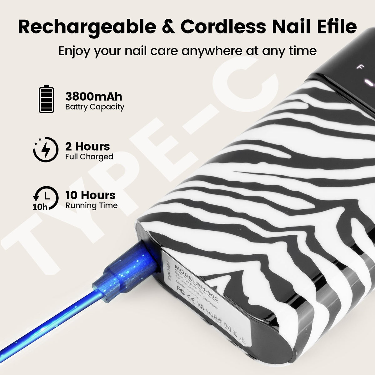 Wand™ Nail Drill - Zebra Print - 35,000 RPM Rechargeable by Lavinda