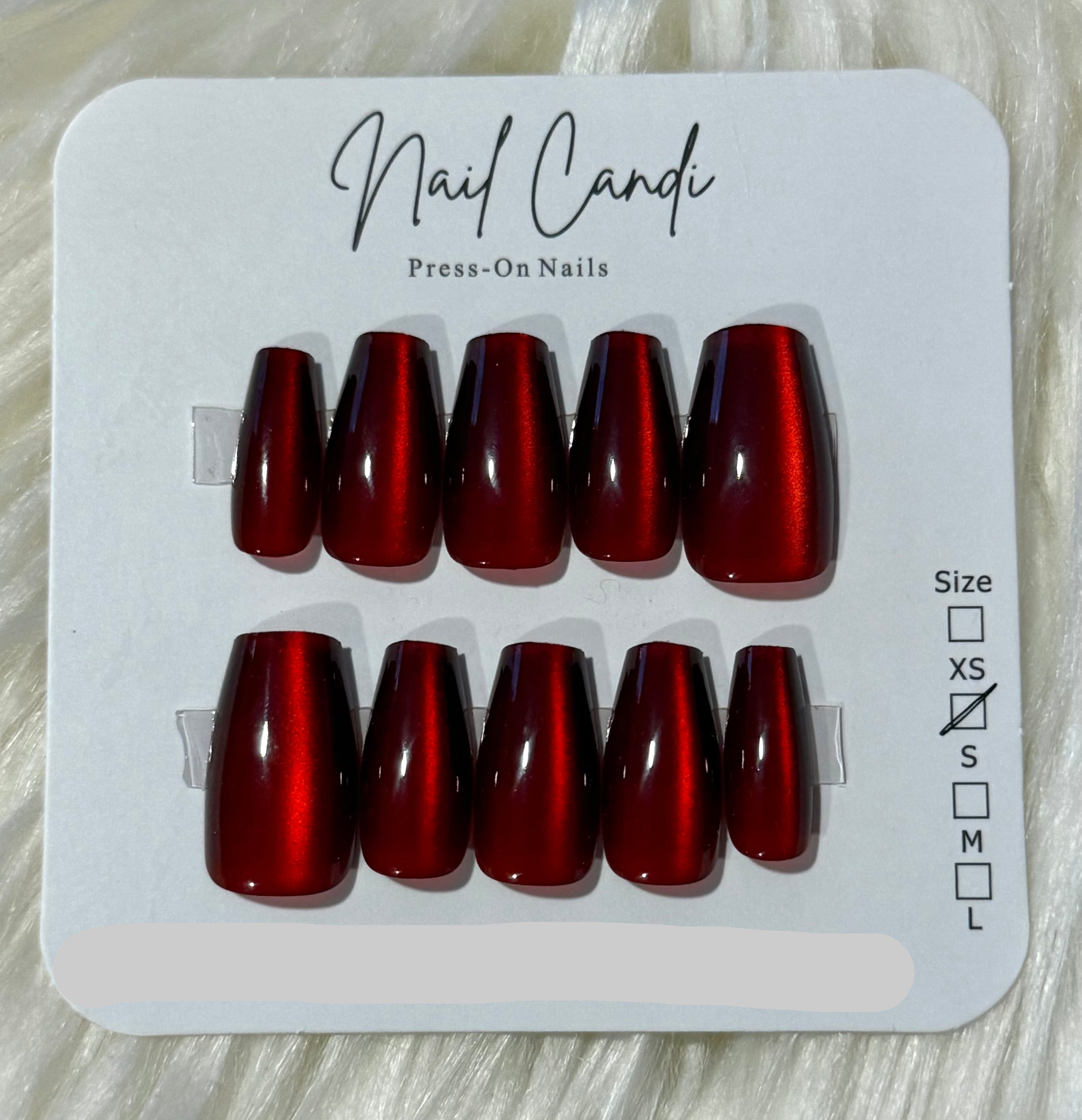 Semi-Handmade Medium Coffin Burgundy Cateye Nails