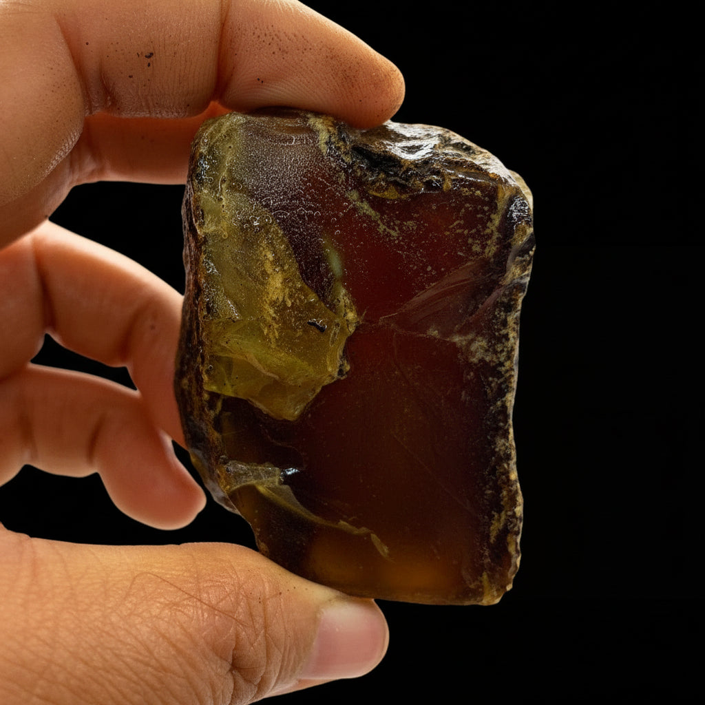 Hand holding a rough amber stone against a white background