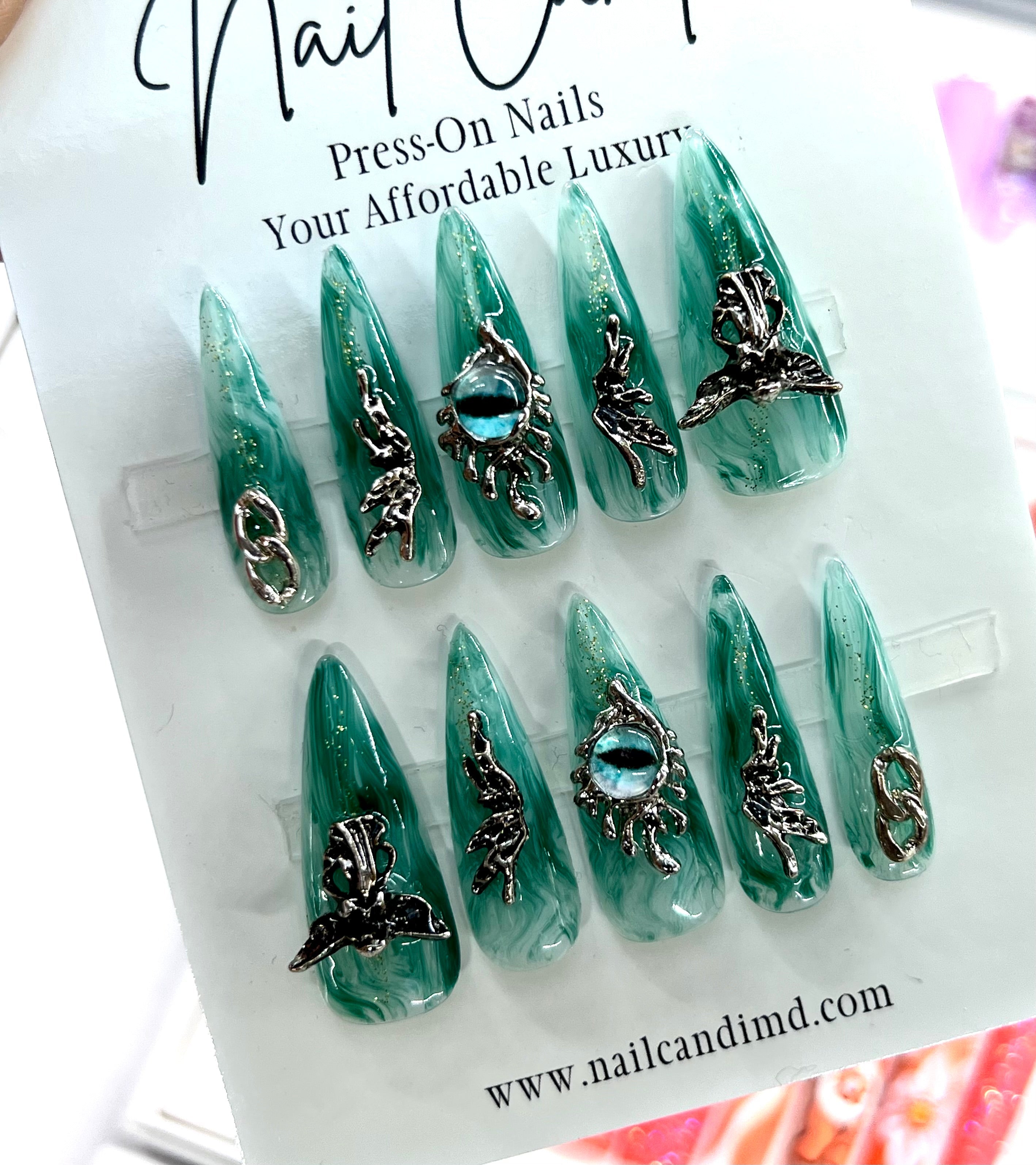 Handmade Gothic Marble Green Stiletto Nails