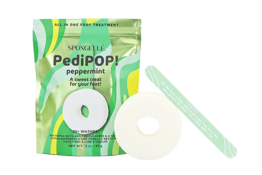 Spongellé PediPOP! peppermint foot treatment package with a white disc and green applicator on a white background