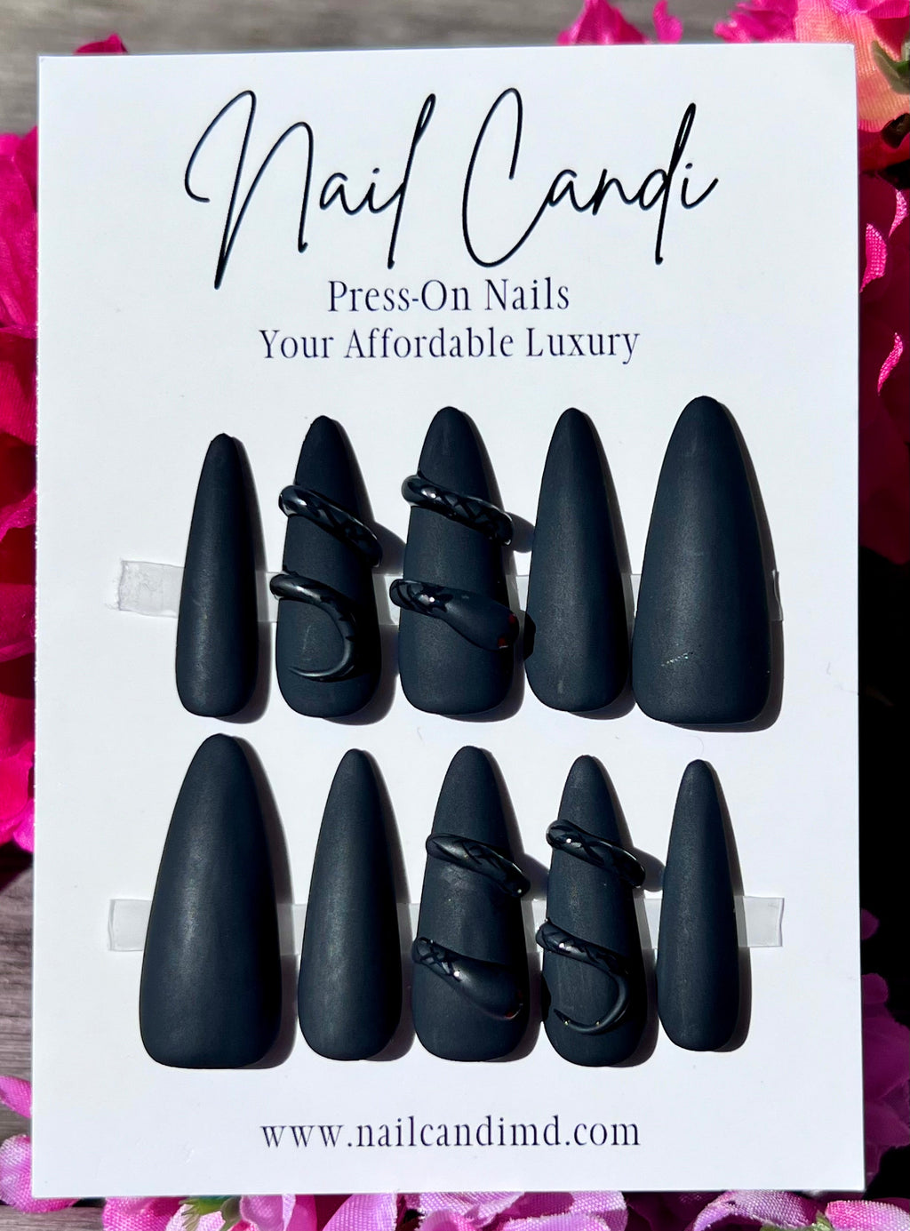 Handmade Long Stiletto Matte Black Snake Nails
