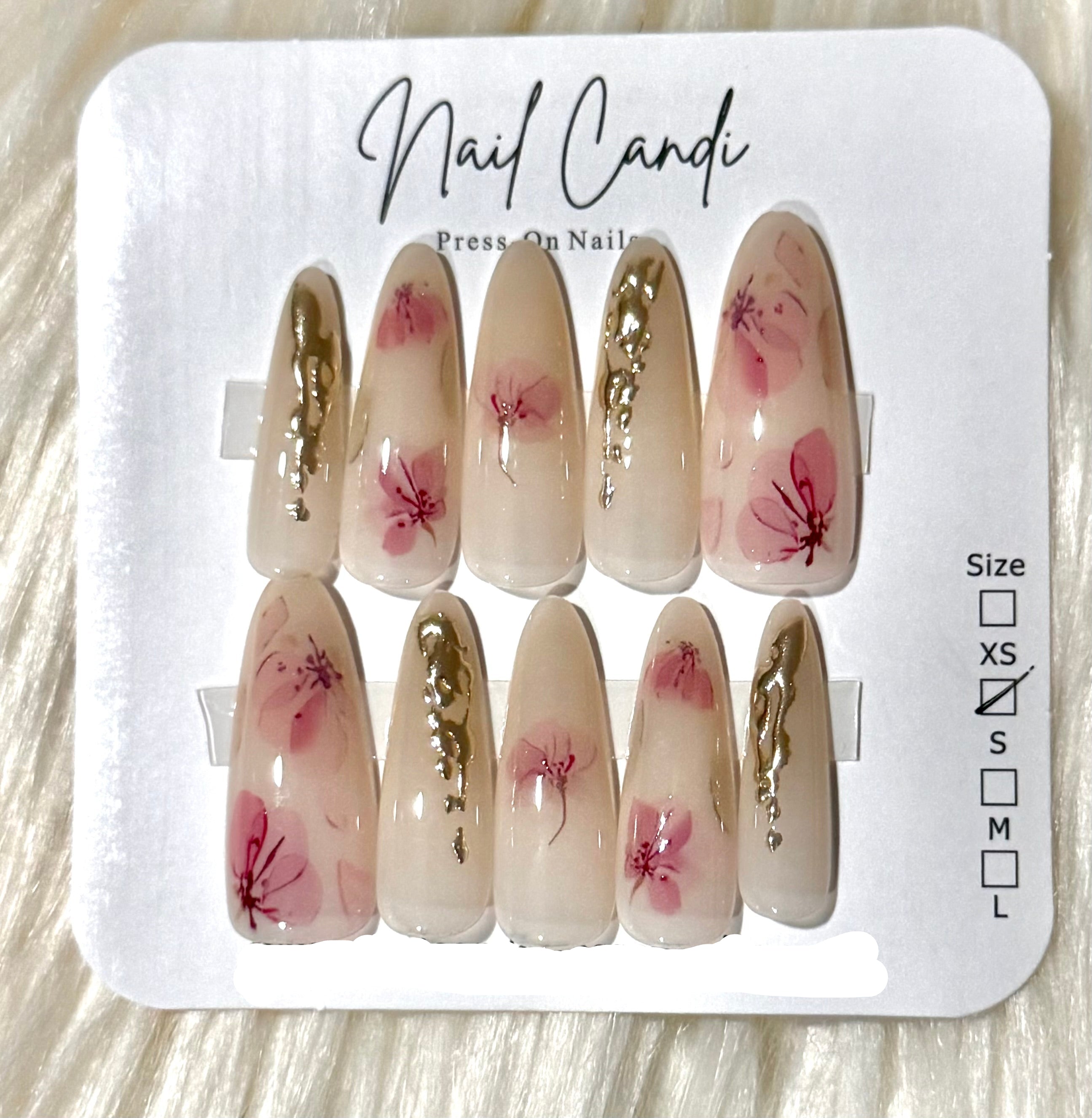 Semi-Handmade Long Pink Nude Gold Chrome Nails