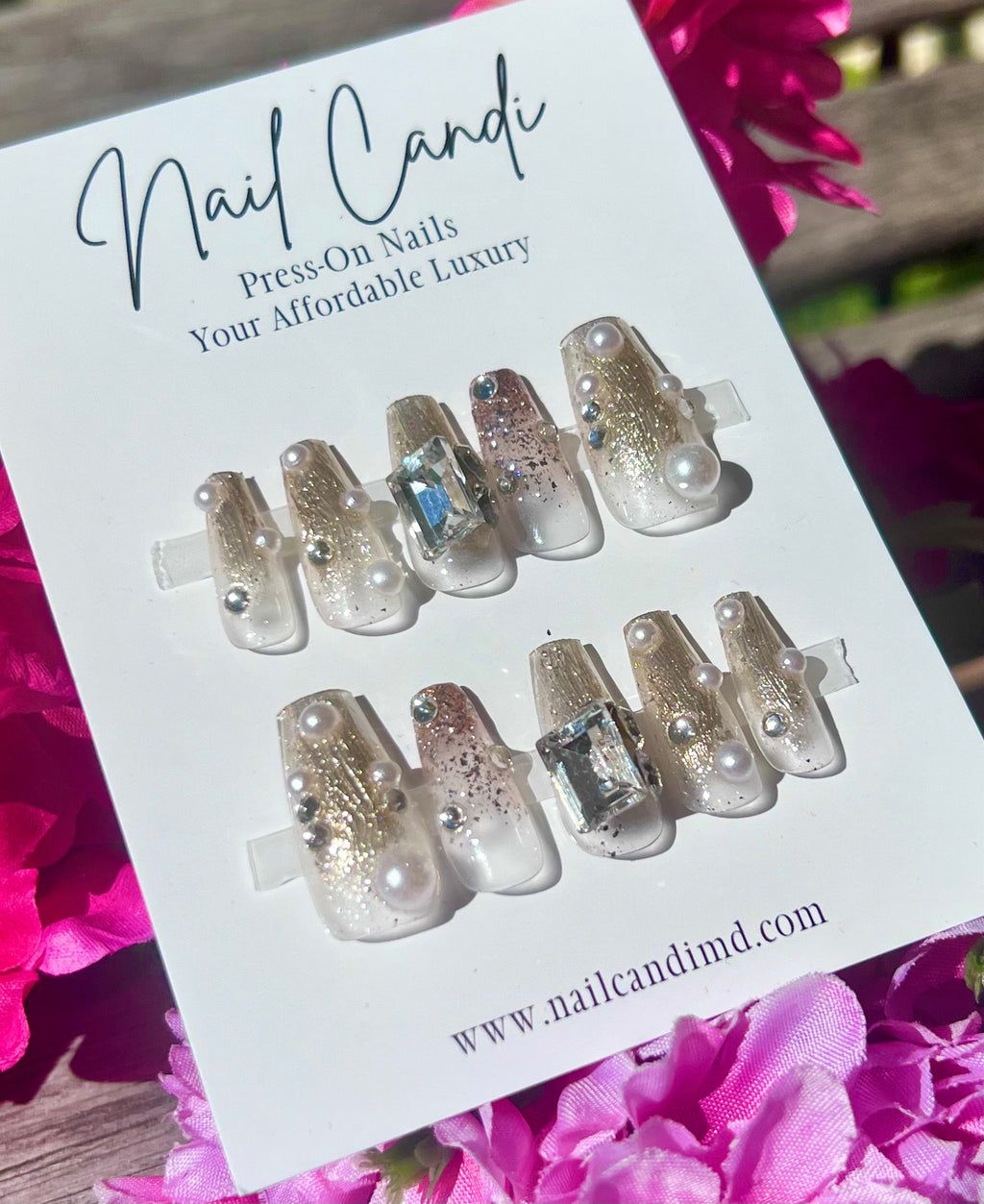 Handmade Long Coffin Gold & Pearl Nails
