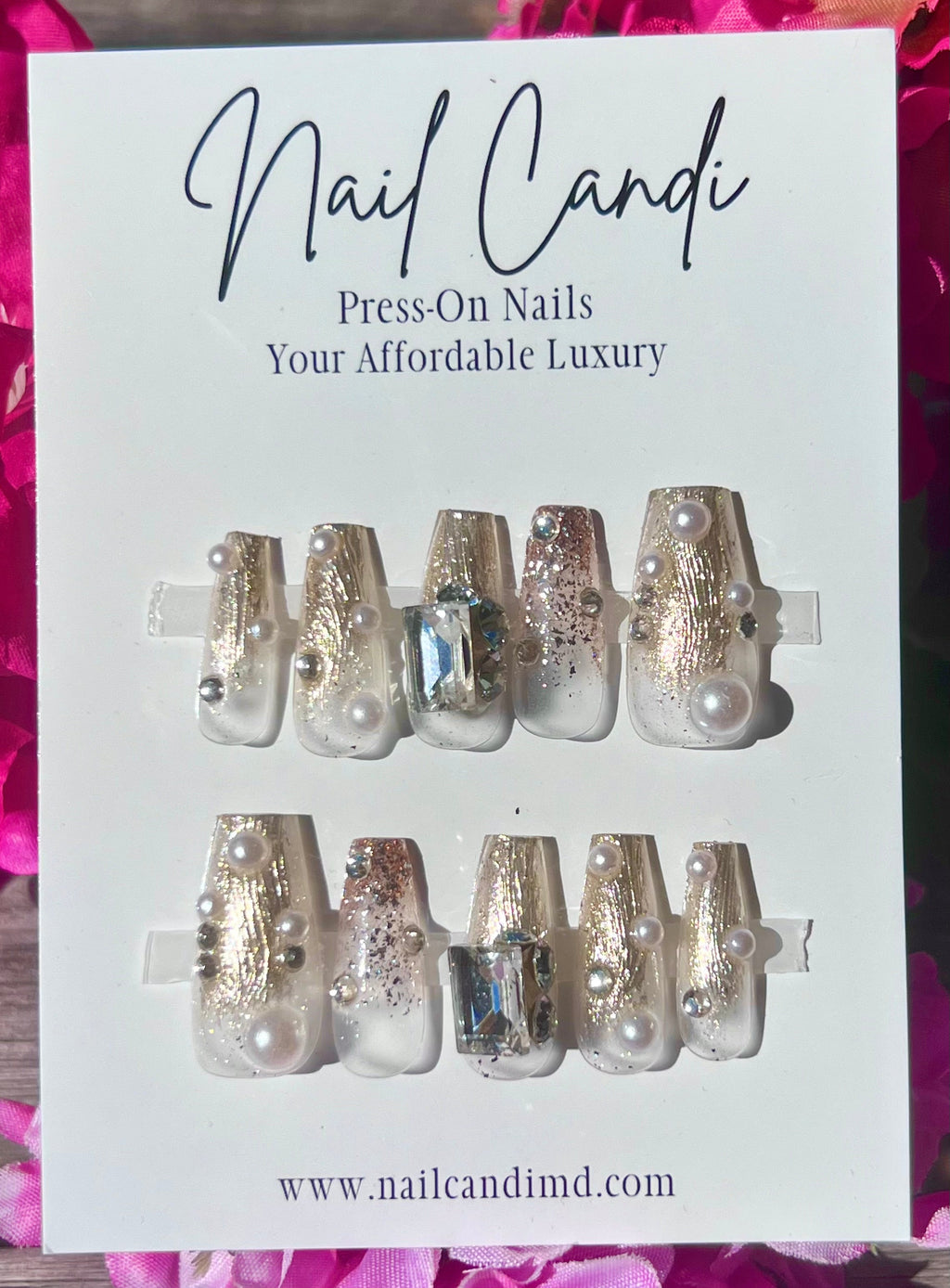 Handmade Long Coffin Gold & Pearl Nails