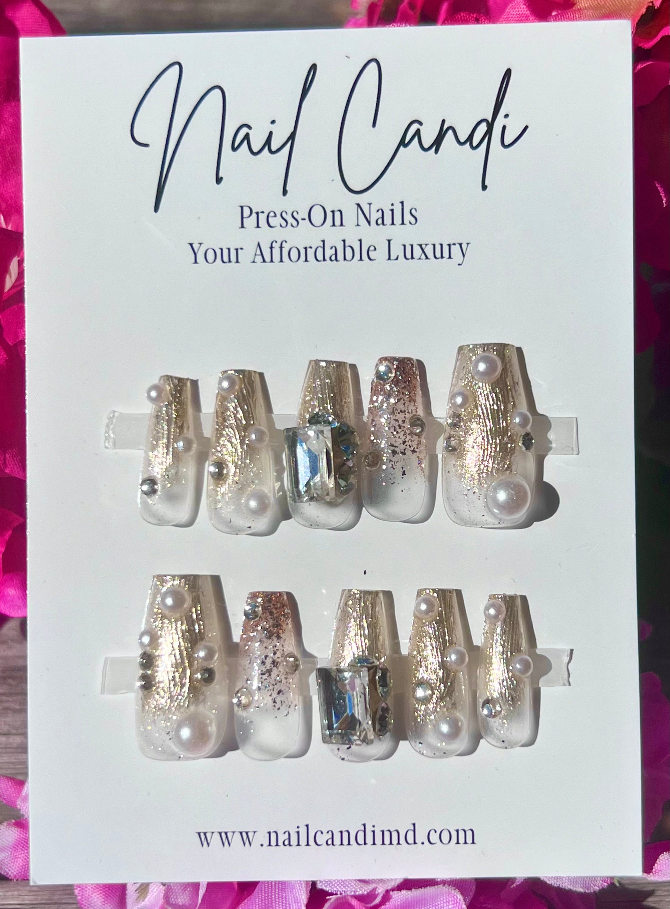 Handmade Long Coffin Gold & Pearl Nails