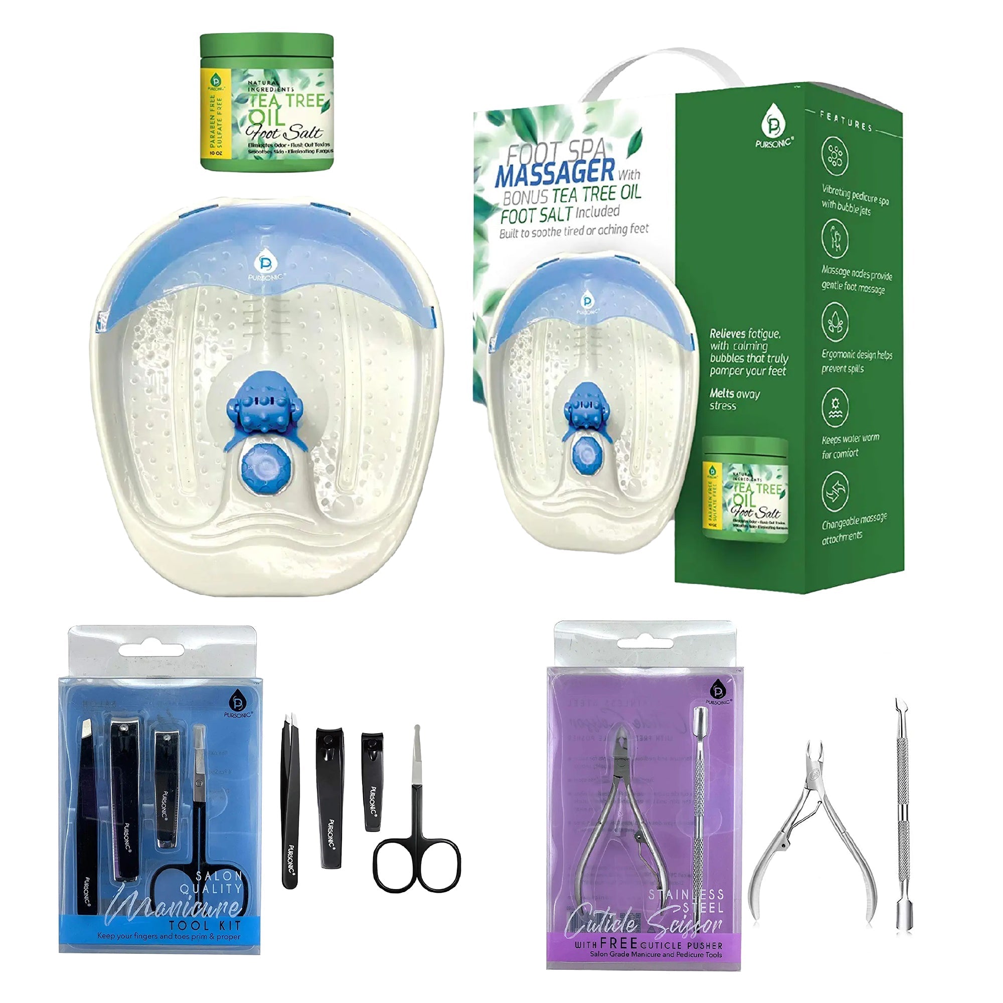 Ultimate Home Spa and Grooming Bundle (Foot Spa Massager + Salon Quality Manicure Tool Kit + Precision Perfection Bundle) by Pursonic by VYSN